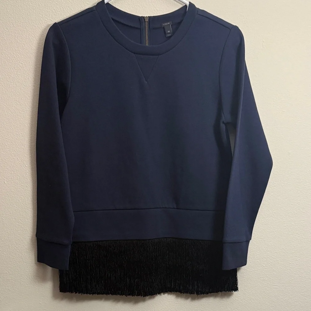 J. Crew Navy Sweater with Black Fringe